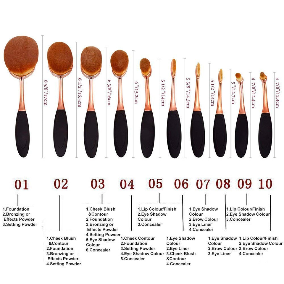 JSBelle Set de 10 Brochas de Maquillaje, Cepillo de maquillaje oval cepillo de dientes, Brocha de maquillaje en polvo de base de maquillaje (Oro rosa)