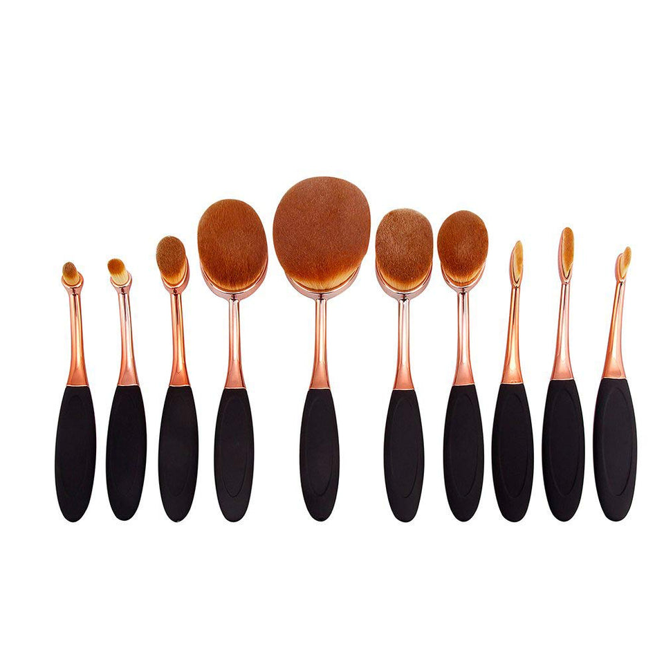 JSBelle Set de 10 Brochas de Maquillaje, Cepillo de maquillaje oval cepillo de dientes, Brocha de maquillaje en polvo de base de maquillaje (Oro rosa)