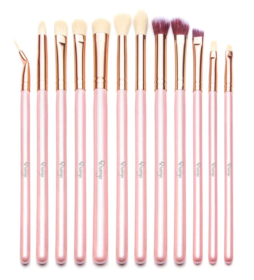 Qivange Brochas de Ojos Kit de Brochas de Maquillaje con Bolsa (12pcs Rosado con Oro Rosa)