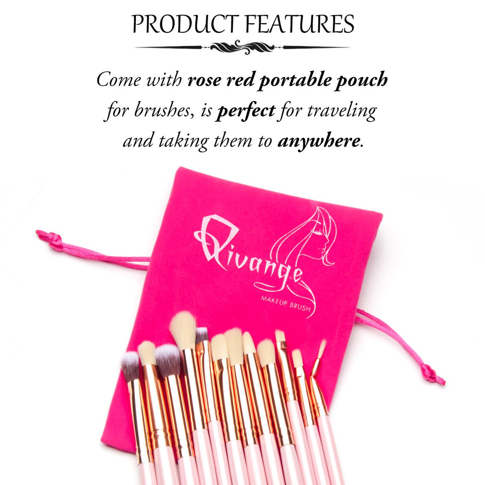 Qivange Brochas de Ojos Kit de Brochas de Maquillaje con Bolsa (12pcs Rosado con Oro Rosa)