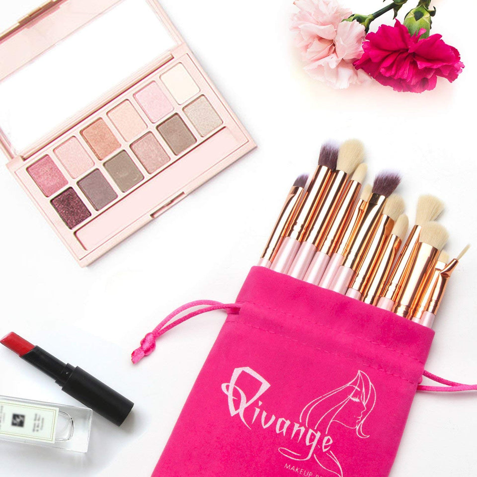 Qivange Brochas de Ojos Kit de Brochas de Maquillaje con Bolsa (12pcs Rosado con Oro Rosa)