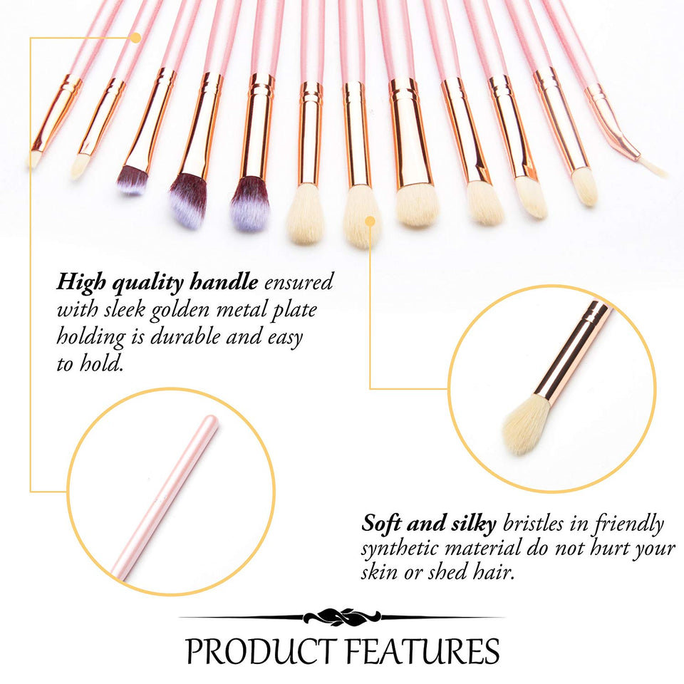 Qivange Brochas de Ojos Kit de Brochas de Maquillaje con Bolsa (12pcs Rosado con Oro Rosa)
